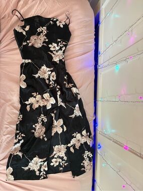 Black Floral Slip Dress with Beige Blossoms